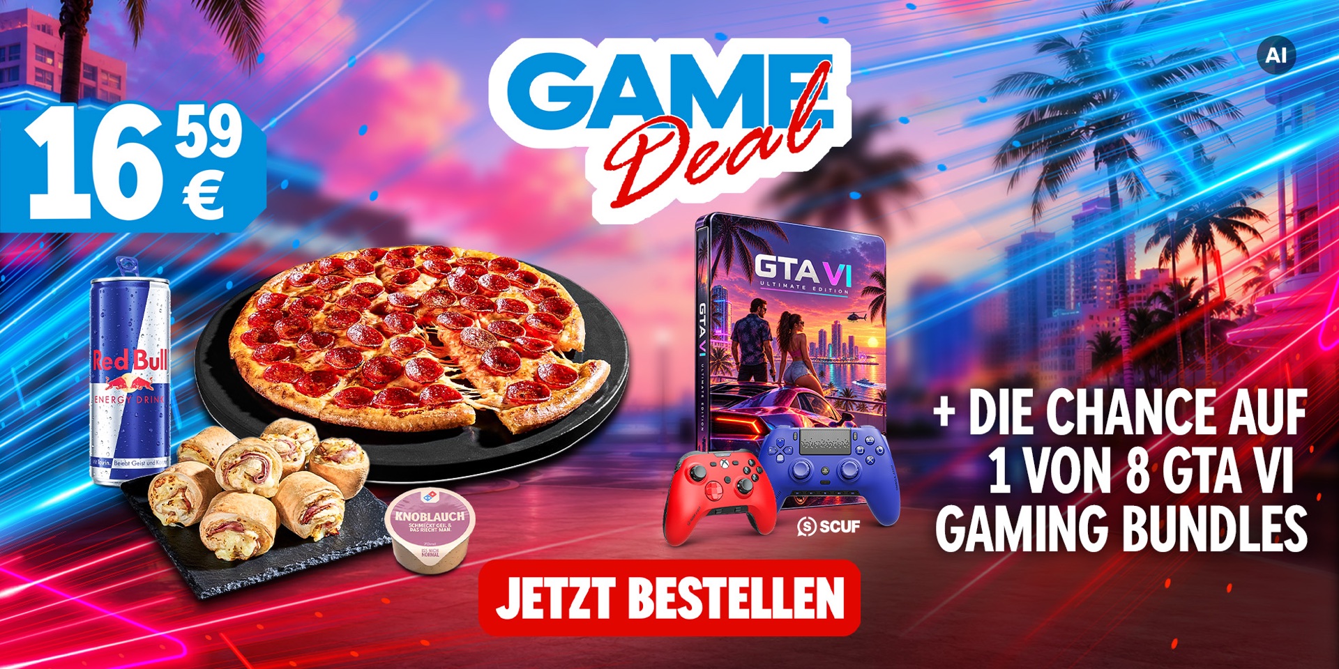 Gaming Deal 16,59 €: Classic Pizza + Pizzabrötchen + Dip + Red Bull/Coke + Chance auf 1 von 8 GTA VI Gaming Bundles